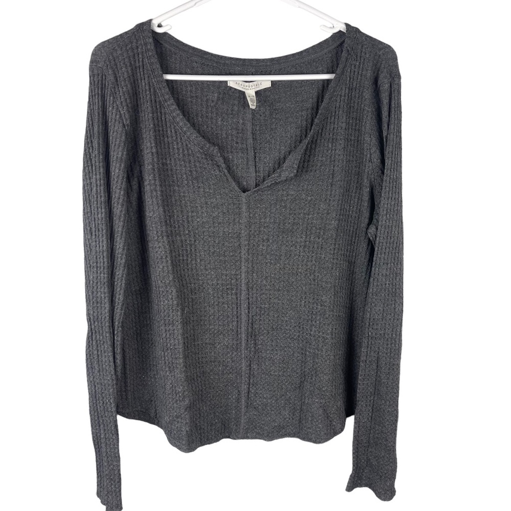Aeropostale Waffle Knit Thermal Long Sleeve Top Charcoal Grey sz XL V Neck